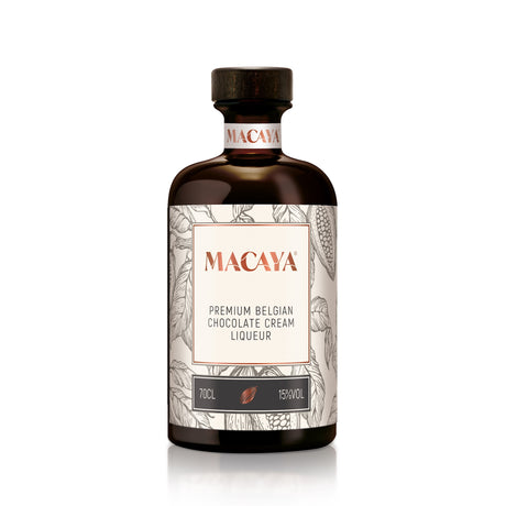 Braune 700-ml-Flasche Macaya Chocolate Cream Liqueur mit beiger Etikettgestaltung und Kakaoillustrationen.