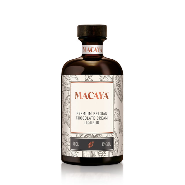 Braune 700-ml-Flasche Macaya Chocolate Cream Liqueur mit beiger Etikettgestaltung und Kakaoillustrationen.