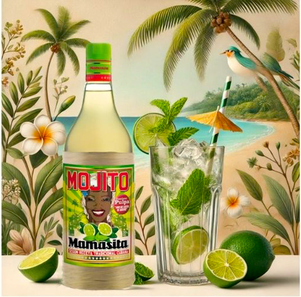 Mamasita Mojito Cocktail Mix Flasche neben einem Mojito-Glas mit Eis, Limetten und Minze, vor einem tropischen Hintergrund mit Palmen und einem Strand.