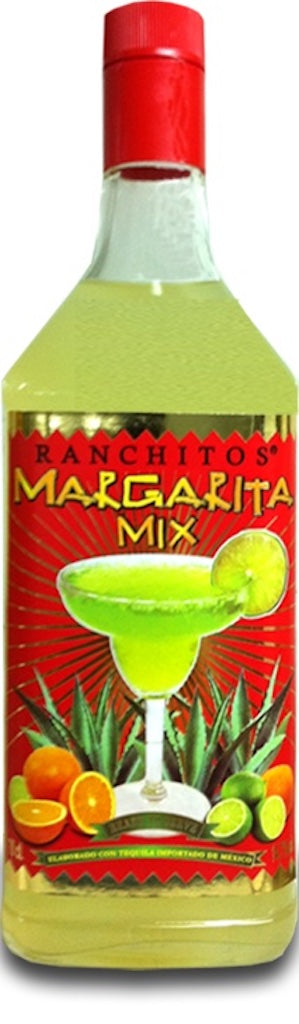 Flasche Ranchitos Margarita Mix mit farbenfrohem Etikett, zeigt eine Margarita im Glas mit Zitrusfrüchten, fertig zum direkten Servieren.