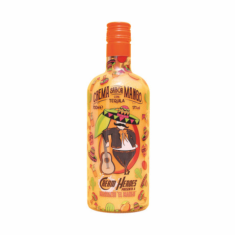 Tequila-Likör "Mariachi El Mango" von Cream Heroes, 700ml, 17% Vol., auffälliges buntes Design mit Mango und Mariachi-Motiv.