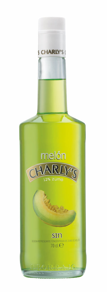 Flasche Charly's Melón, alkoholfreies Getränk mit 12 % Melonensaft, 70 cl, mit grünem Getränk und weißem Schraubverschluss.