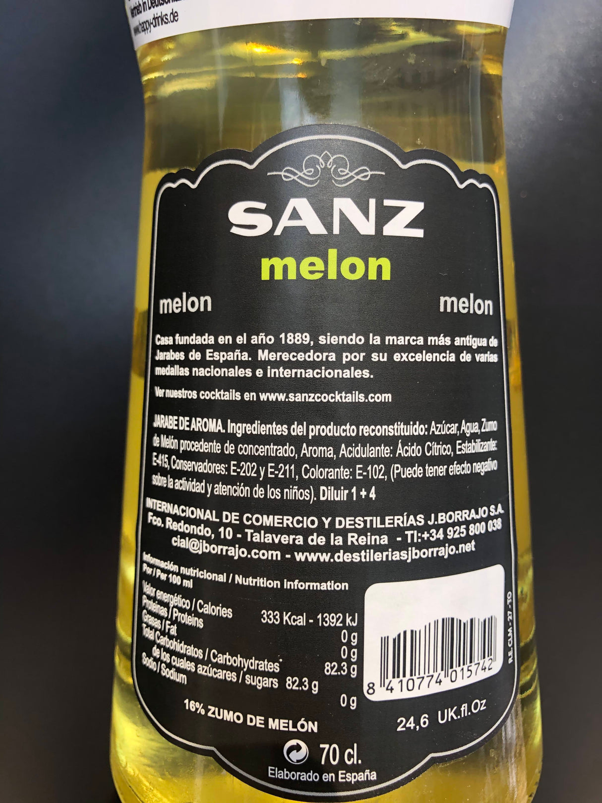 Melonensirup Sanz Etikett Rückseite