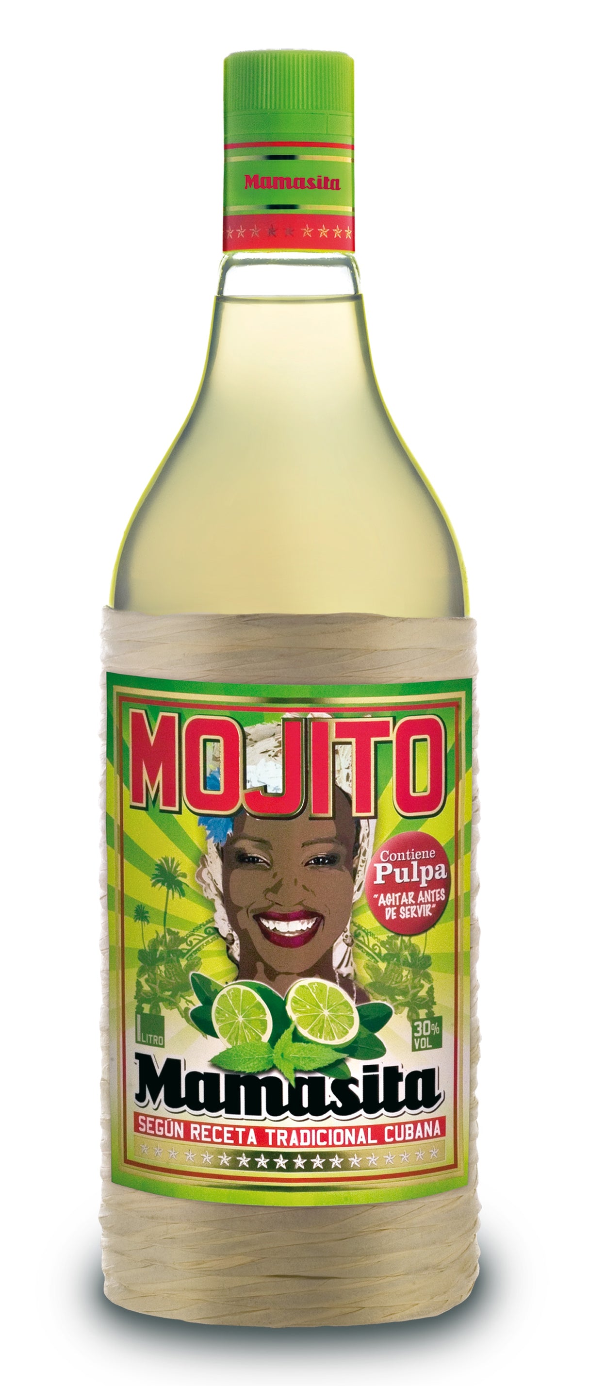 Mamasita Mojito Cocktail Mix Flasche mit farbenfrohem Etikett, zeigt Limetten, Minze und traditionelle kubanische Motive. 30 % Alkohol, 1 Liter.