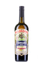 Flasche Vermouth Bianco Mulassano mit kunstvollem Etikett in Rot, Gold und Grün, schwarzem Schraubverschluss, vor weißem Hintergrund.
