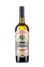 Flasche Mulassano Vermouth Extra Dry, Vorderansicht, mit detailreichem Etikett in grün, schwarz und rot auf weißem Hintergrund.