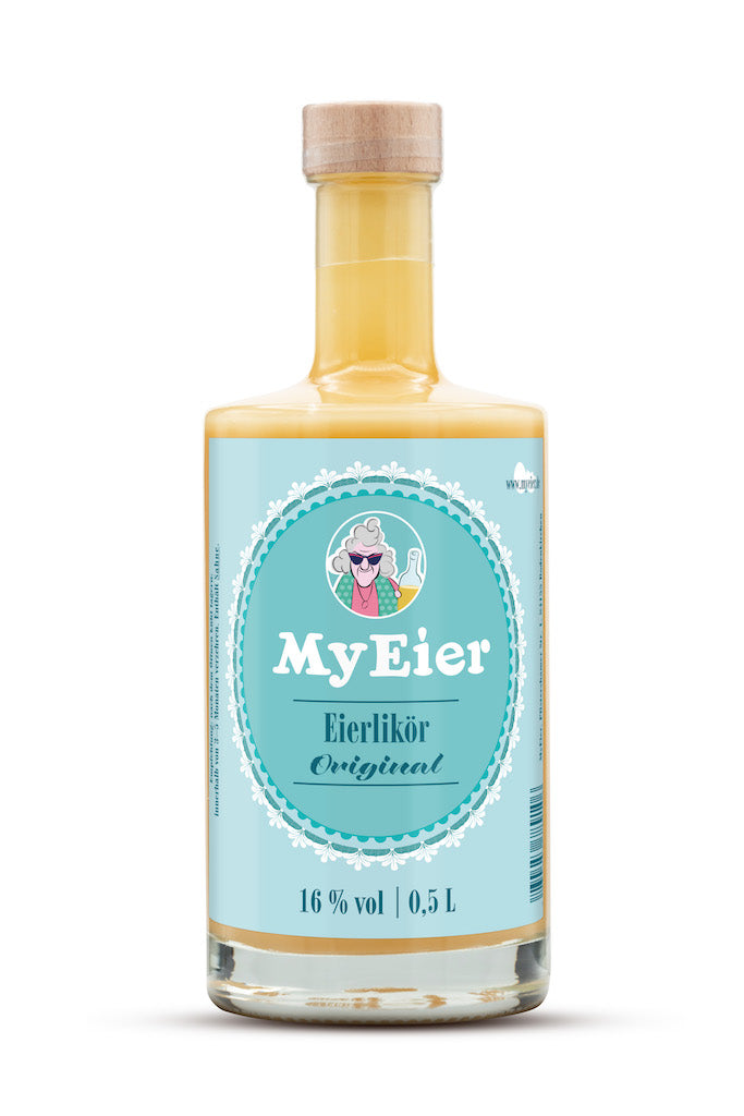 Flasche MyEier Eierlikör Original mit 16% vol. Alkoholgehalt in einer 0,5 L Flasche, verziert mit einem humorvollen Etikett.