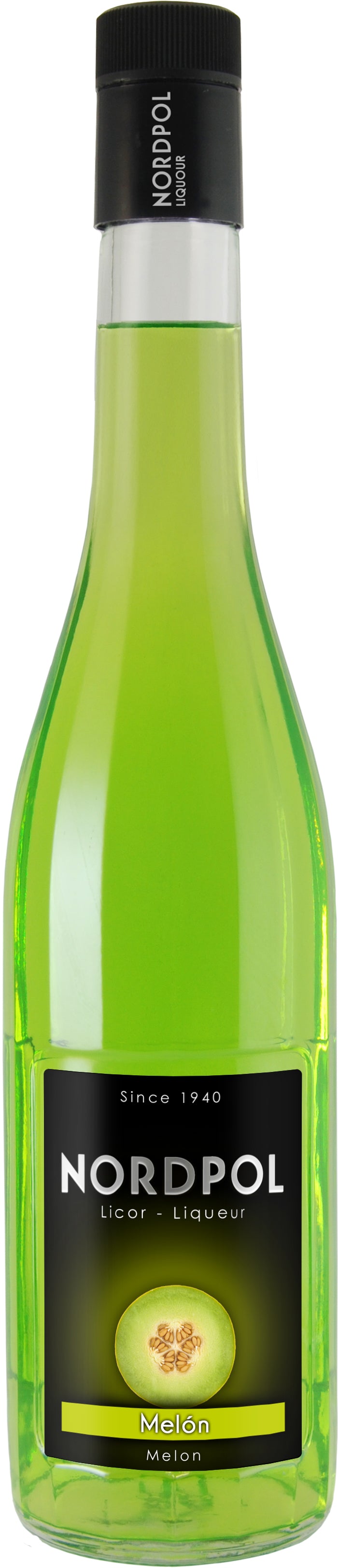 Flasche des Nordpol Melón Likörs, leuchtend grün mit schwarzem Etikett und Melonengrafik, 700 ml, 20% Vol.