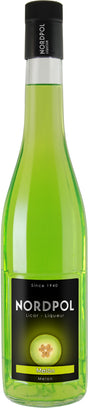 Flasche des Nordpol Melón Likörs, leuchtend grün mit schwarzem Etikett und Melonengrafik, 700 ml, 20% Vol.