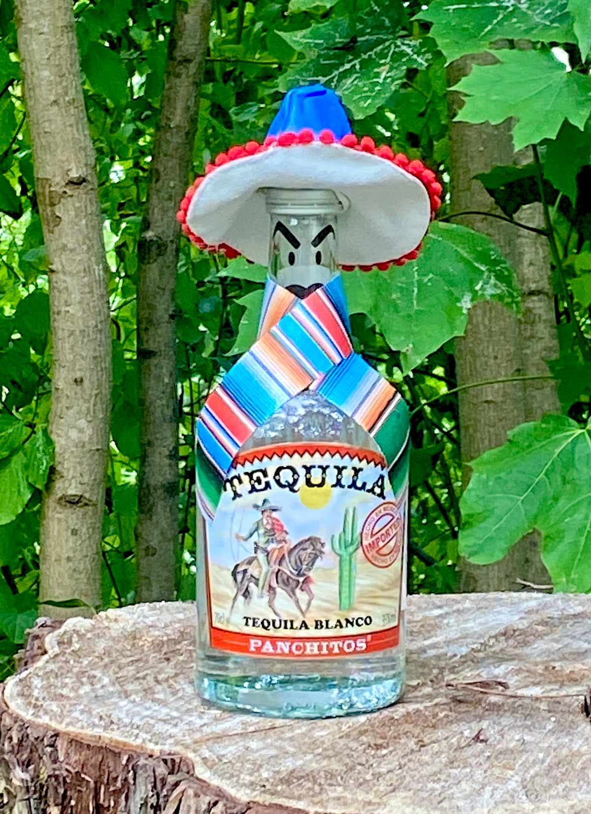 Panchitos Tequila Blanco mit Sombrero auf einem Baumstamm, Flasche mit Reiter und Kaktus auf dem Etikett