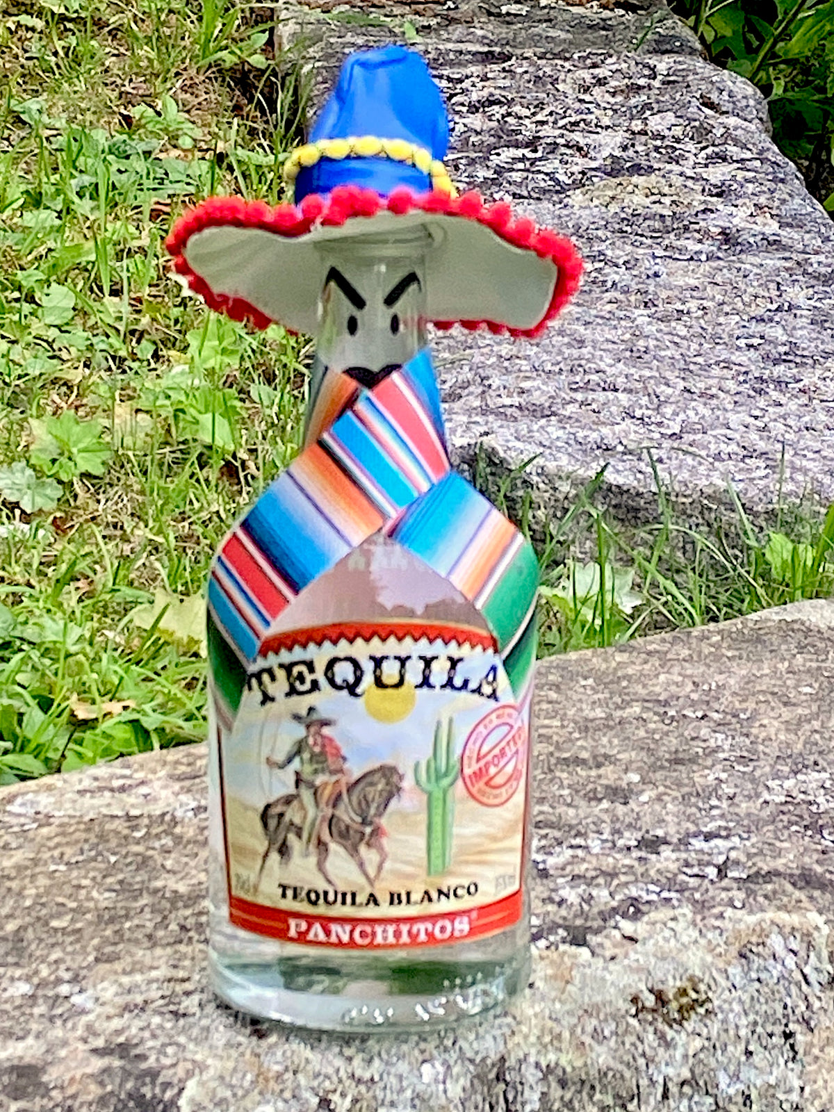 Panchitos Tequila Blanco mit Sombrero auf einem Felsen im Grünen, Flasche mit Kaktusmotiv auf dem Etikett.