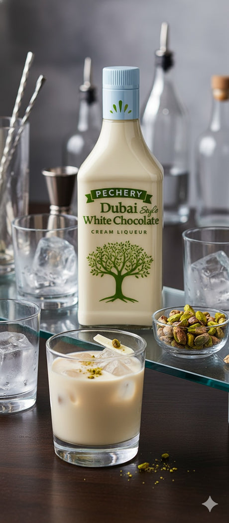 Pechery Dubai Style Likör Flasche mit Cream-Cocktail und Pistazien auf Eis. Bar-Zubehör im Hintergrund.