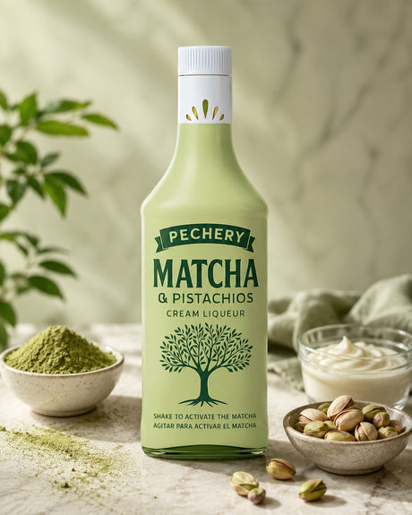 Pechery Matcha Pistazien Likör mit Matcha-Pulver, Pistazien und Sahne auf hellem Tisch