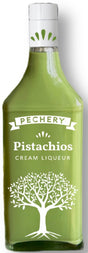 PECHERY Pistazien Creme Likör Flasche mit grünlicher Farbe und Baum-Design auf der Vorderseite.