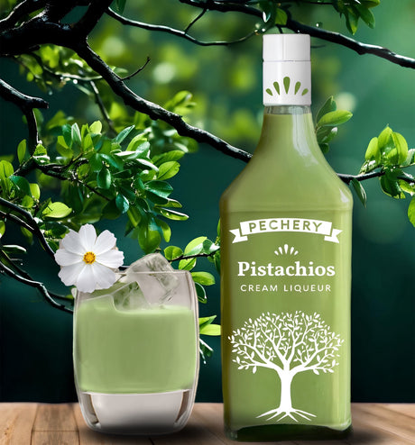 PECHERY Pistazien Creme Likör Flasche und ein Glas mit grünem Likör auf Eis, dekoriert mit einer weißen Blume, vor einem Hintergrund mit grünen Blättern.