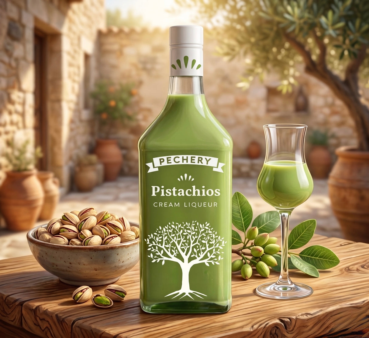Pechery Pistazienlikör. Grüne Flasche mit Baum-Logo auf Holztisch neben gefülltem Glas und Schale mit Pistazien.