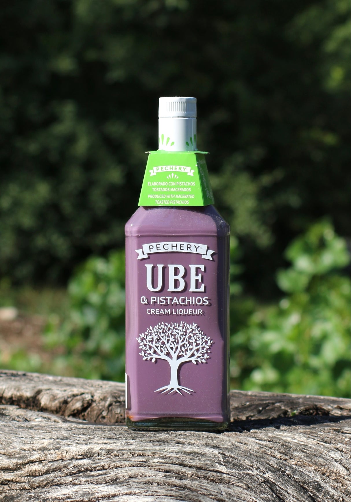 Pechery Ube & Pistachios Cream Liqueur Flasche auf Baumrinde vor grünem Hintergrund