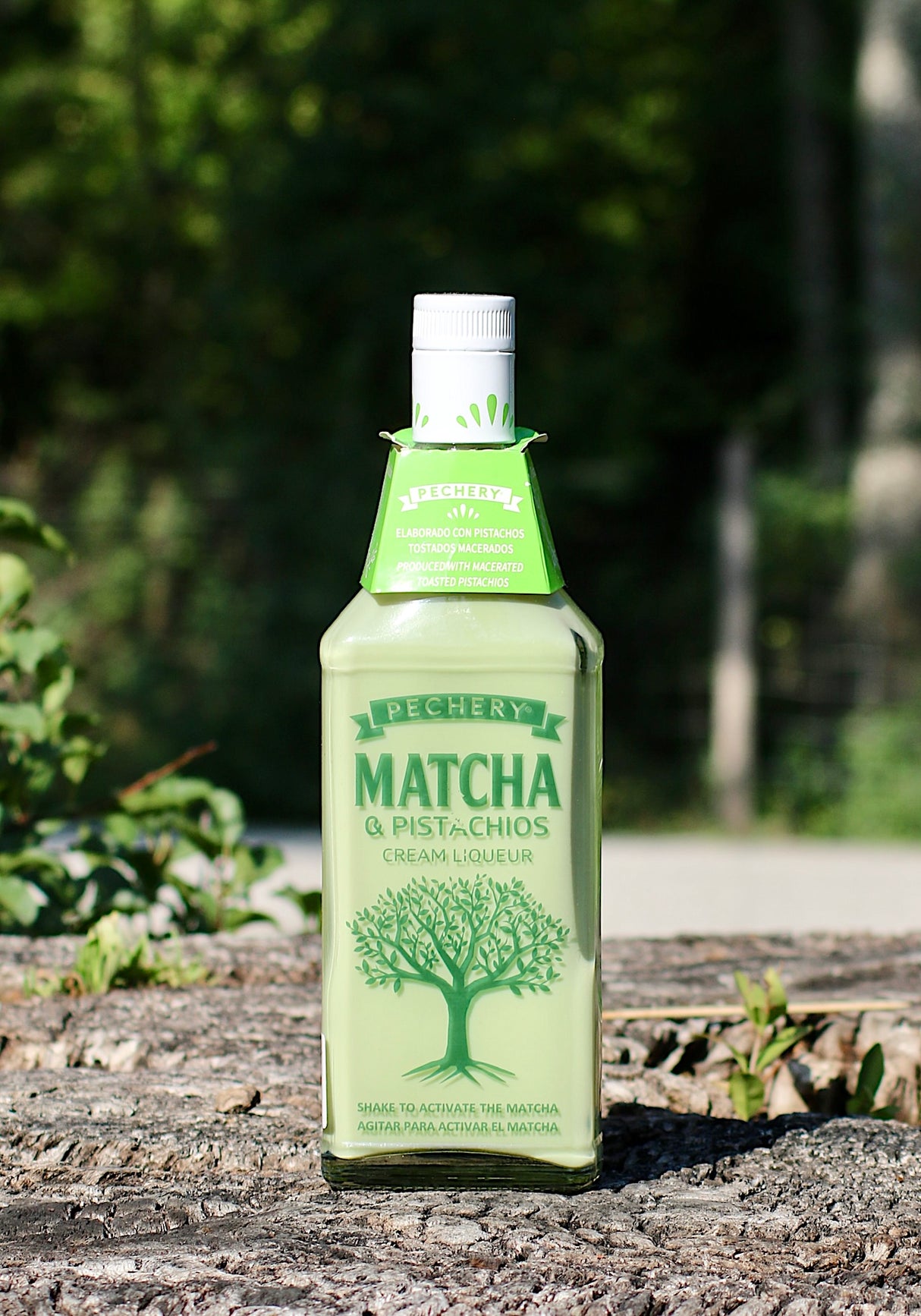 Pechery Matcha & Pistachios Cream Liqueur Flasche auf Baumrinde vor grünem Hintergrund