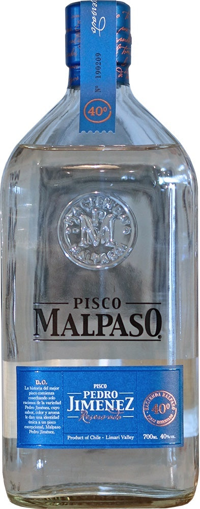 Flasche Pisco MalPaso Pedro Jimenez, 700 ml, 40 % Vol., mit blauem Etikett und Siegel, auf klarem Glas.