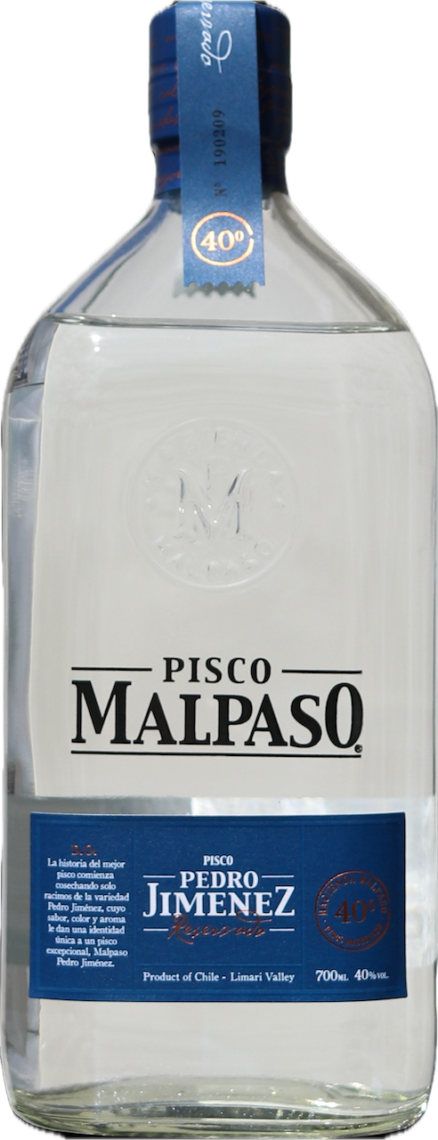 Pisco MalPaso Pedro Jimenez aus Chile 700 ml 40% in klarer Glasflasche mit blauem Etikett