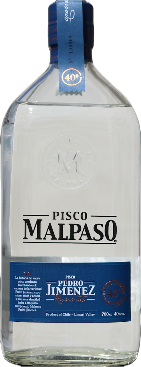 Pisco MalPaso Pedro Jimenez aus Chile 700 ml 40% in klarer Glasflasche mit blauem Etikett
