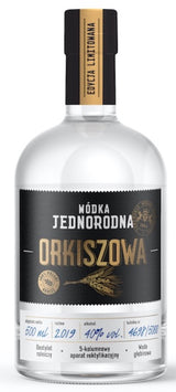 Flasche Wódka Jednorodna Orkiszowa, 500 ml, 40 % Vol., mit schwarzem Etikett und goldener Schrift, vor weißem Hintergrund.