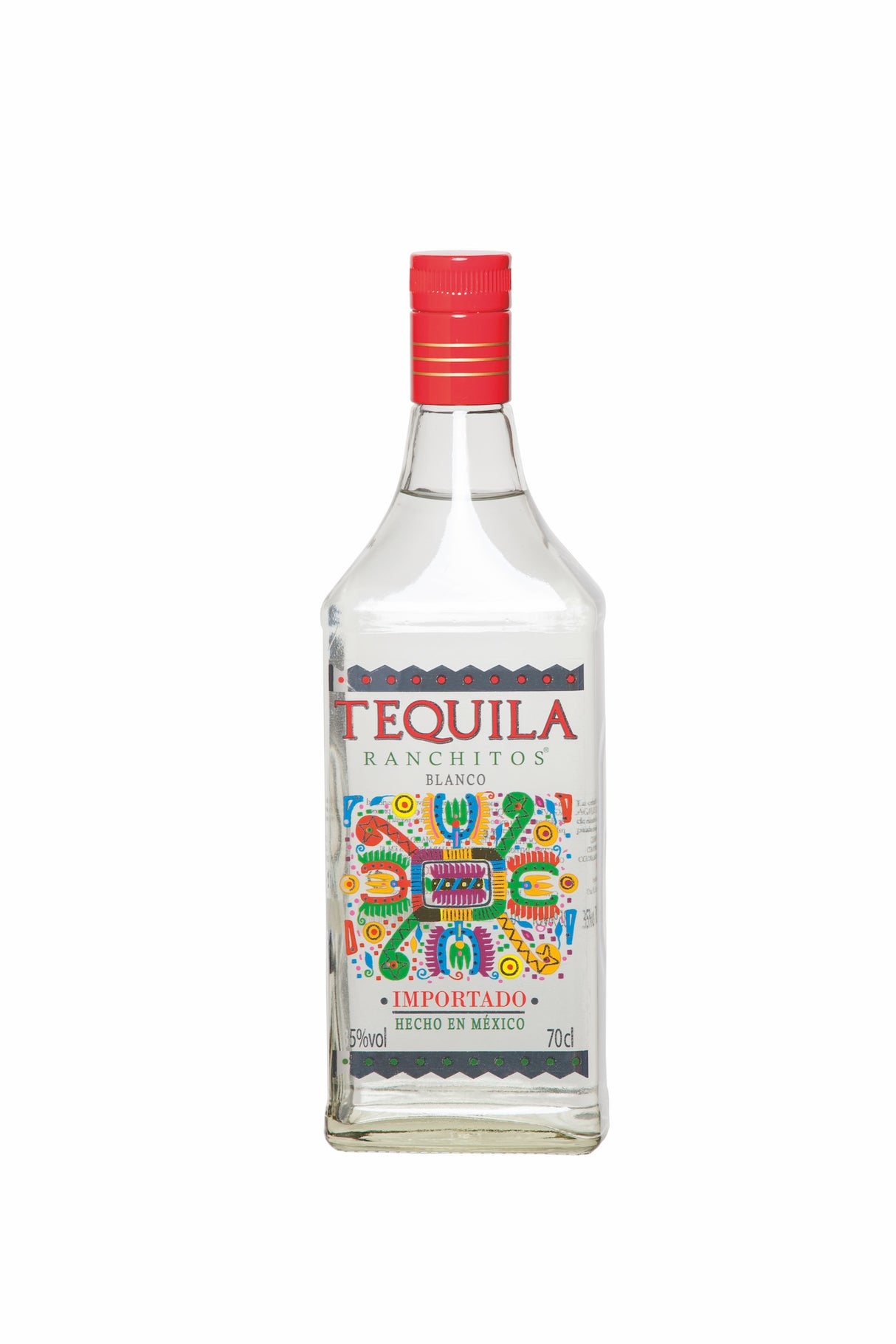 Flasche Ranchitos Tequila Blanco mit rotem Verschluss und buntem mexikanischem Motiv auf dem Etikett vor weißem Hintergrund.
