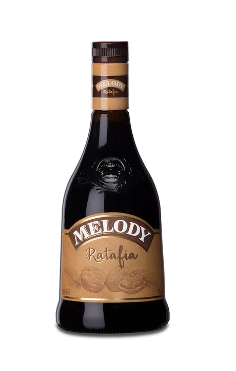 Flasche Melody Ratafia, 70 cl, mit braunem Etikett und Verschluss, verziert mit Walnüssen auf der Flasche.