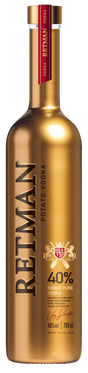 Matte, goldene Flasche Retman Kartoffel Vodka, 40 % Vol. Roter Verschluss, erhabene goldene Schrift.
