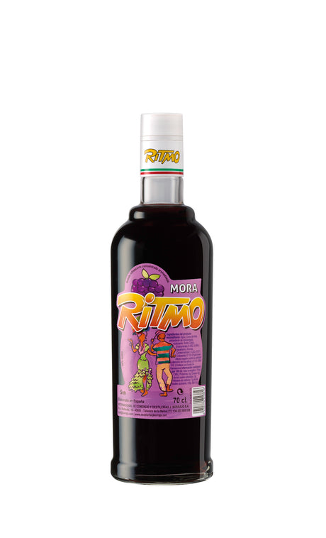 Ritmo Brombeere alkoholfrei 700 ml, dunkle Flasche mit lila Etikett und Tänzer-Motiv.