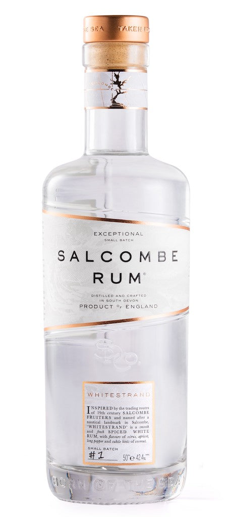 Flasche Salcombe Spiced Rum Whitestrand, ein klarer Rum aus England, verfeinert mit Noten von Gewürzen und Kokosnuss, 50 cl, 42,4% vol.