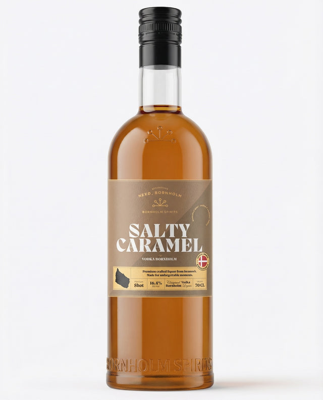 Bornholm Salty Caramel Shot Flasche mit goldenem Etikett und schwarzem Verschluss auf hellem Hintergrund