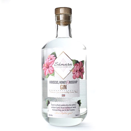 Flasche des Samara London Dry Gin mit Hibiskus, Honig und Hagebutte, inspiriert von Costa Rica, 700ml