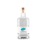 Sambuca Bordiga Flasche aus klarem Glas mit geriffelter Struktur, hellem Etikett und Naturkorken vor weißem Hintergrund