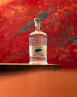 Flasche Bordiga Sambuca Likör auf Holztisch vor rotem Hintergrund, italienischer Anislikör 40 % Vol. in dekorativer Glasflasche.