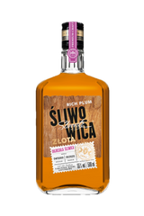 Flasche Sliwowica Złota Slivovitz, 500 ml, goldene Pflaumen-Okowita mit 55 % vol., Etikett mit Holzoptik und Nummerierung