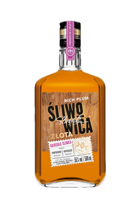 Flasche Sliwowica Złota Slivovitz, 500 ml, goldene Pflaumen-Okowita mit 55 % vol., Etikett mit Holzoptik und Nummerierung