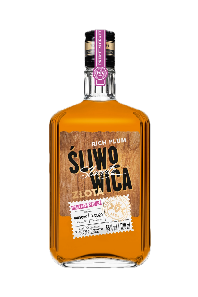 Flasche Sliwowica Złota Slivovitz, 500 ml, goldene Pflaumen-Okowita mit 55 % vol., Etikett mit Holzoptik und Nummerierung