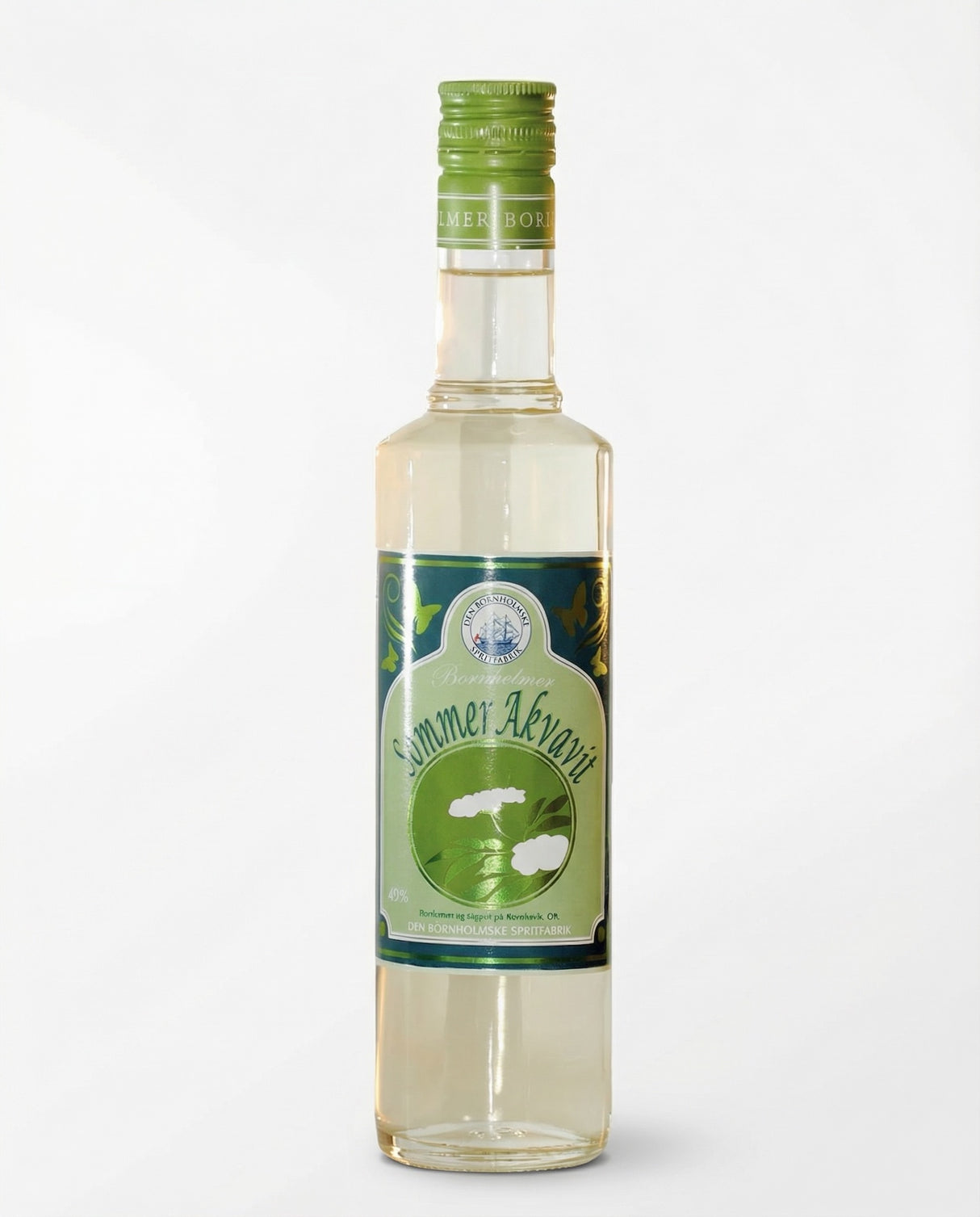Bornholmer Sommer Akvavit aus Dänemark in klarer Flasche mit grünem Etikett und Schraubverschluss