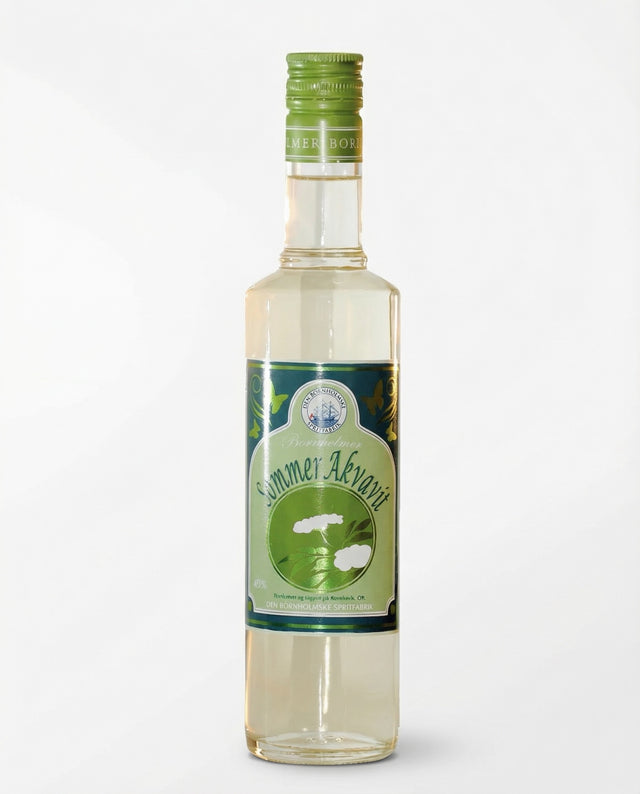 Bornholmer Sommer Akvavit aus Dänemark in klarer Flasche mit grünem Etikett und Schraubverschluss
