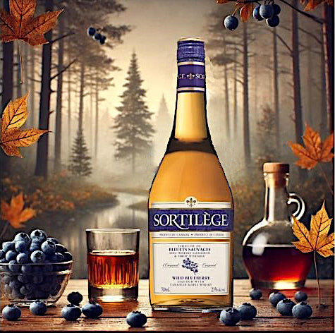 Flasche Sortilège Wild Blueberry Whisky Likör vor Waldszene, umgeben von Blaubeeren, Whiskyglas und herbstlichen Ahornblättern.