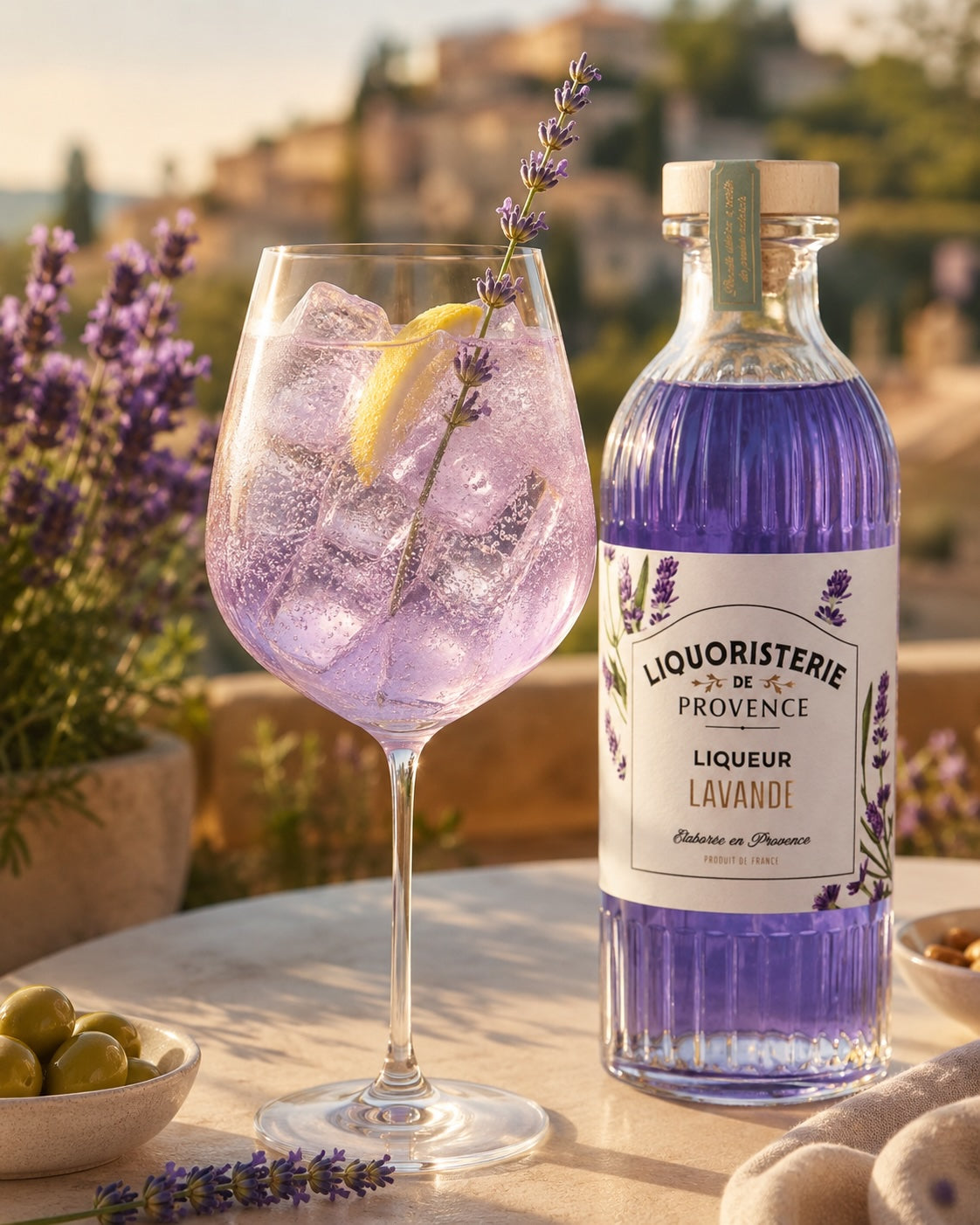Spritz Lavande mit Lavendellikör Provence, Eis, Zitronenzeste und Lavendelzweig auf mediterraner Terrasse