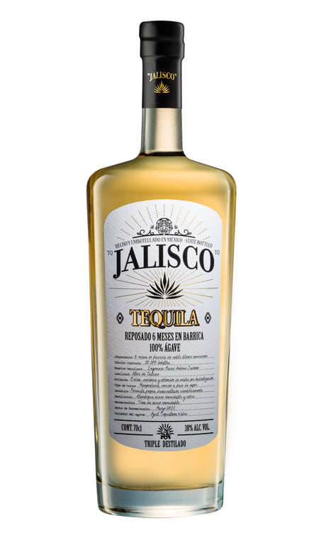 Flasche Tequila Jalisco Reposado mit heller, goldener Farbe und schwarzem Verschluss, Etikett zeigt "100% Agave" und "Triple Distilled"