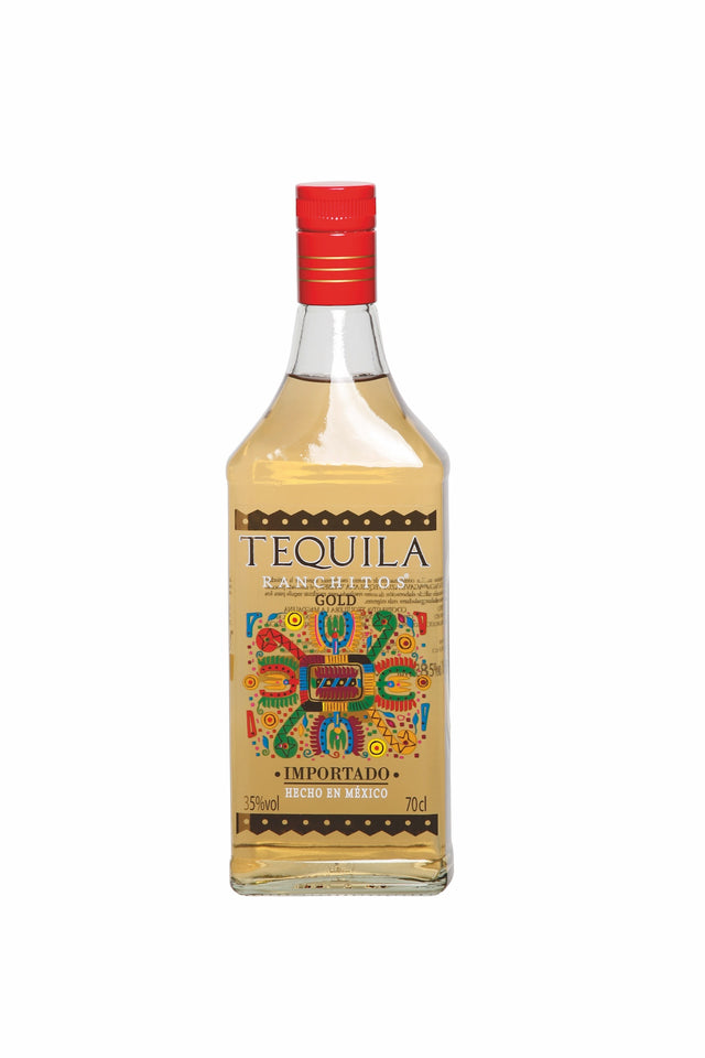 Ranchitos Tequila Gold, 0,7L, 35% Vol. Flasche mit rotem Verschluss und farbenfrohem, mexikanischem Etikett.