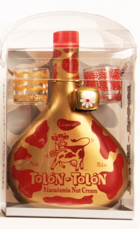 "Tolon-Tolon Macadamia Nut Cream Liqueur in Geschenkverpackung mit zwei dekorativen Gläsern und Flasche im Kuhdesign, 70 cl."