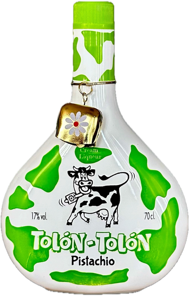 Tolon Tolon Pistazien Sahnelikör mit Kuhmotiv, grün weißem Flaschendesign und kleinem Glöckchen am Flaschenhals.