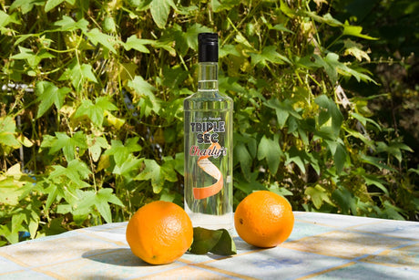 Flasche Triple Sec Charly's Orangenlikör auf einem Tisch mit zwei Orangen, umgeben von grüner Vegetation im Hintergrund.