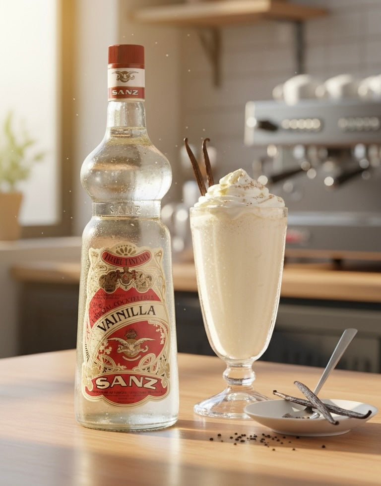 Sanz Vanillesirup Flasche und Vanille-Shake mit Sahne. Dekoriert mit Vanilleschoten in einer hellen Küche.
