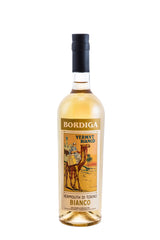 Flasche Bordiga Vermouth di Torino Bianco, 75 cl, mit schwarzem Verschluss und Vintage-Etikett mit Kamelmotiv.