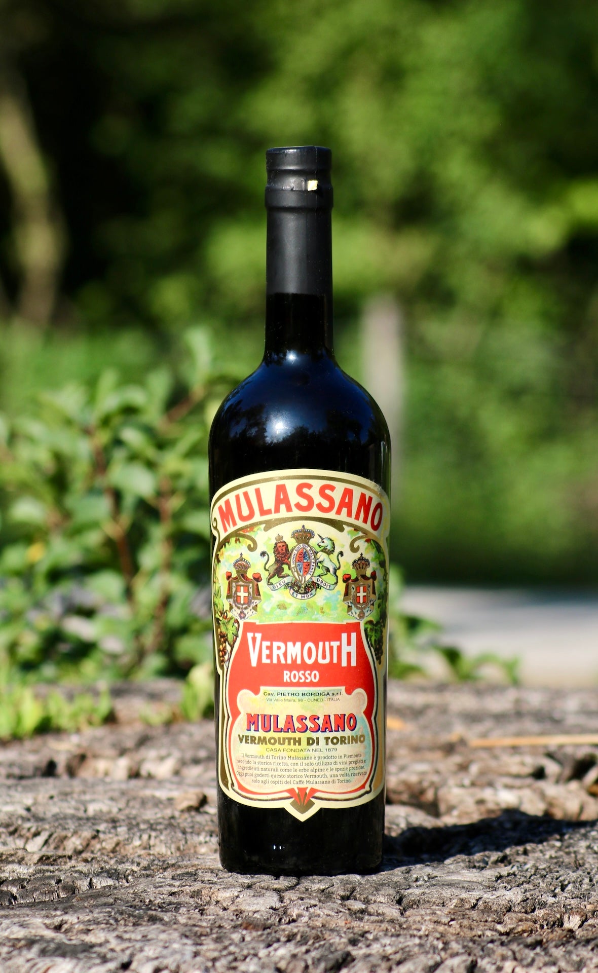 Mulassano Vermouth Rosso Flasche auf Baumrinde vor grünem Hintergrund